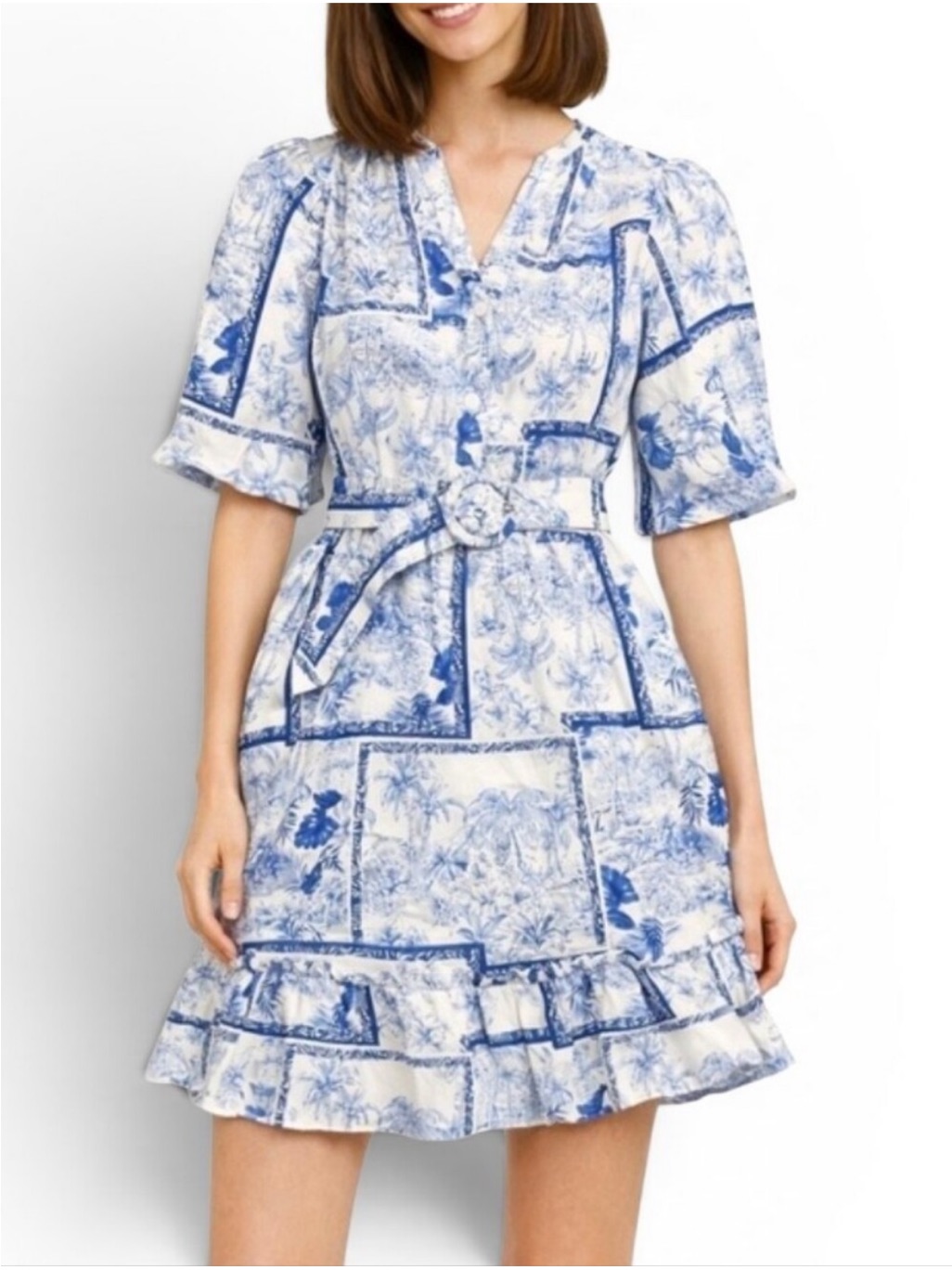 Joie Patchwork Palm Shirt Dress Full Skirt Puff Sleeved Midi Dress Nwt Size M